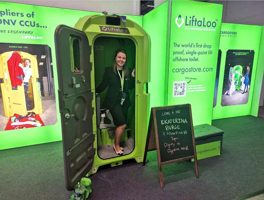 Ekaterina Burge the Offshore Toilet Queen Toilet Queen Ekaterina Burge standing inside a LiftaLoo